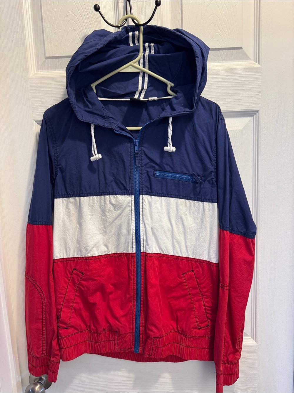 BDG Colorblock Hooded Raincoat in Navy, White & Red